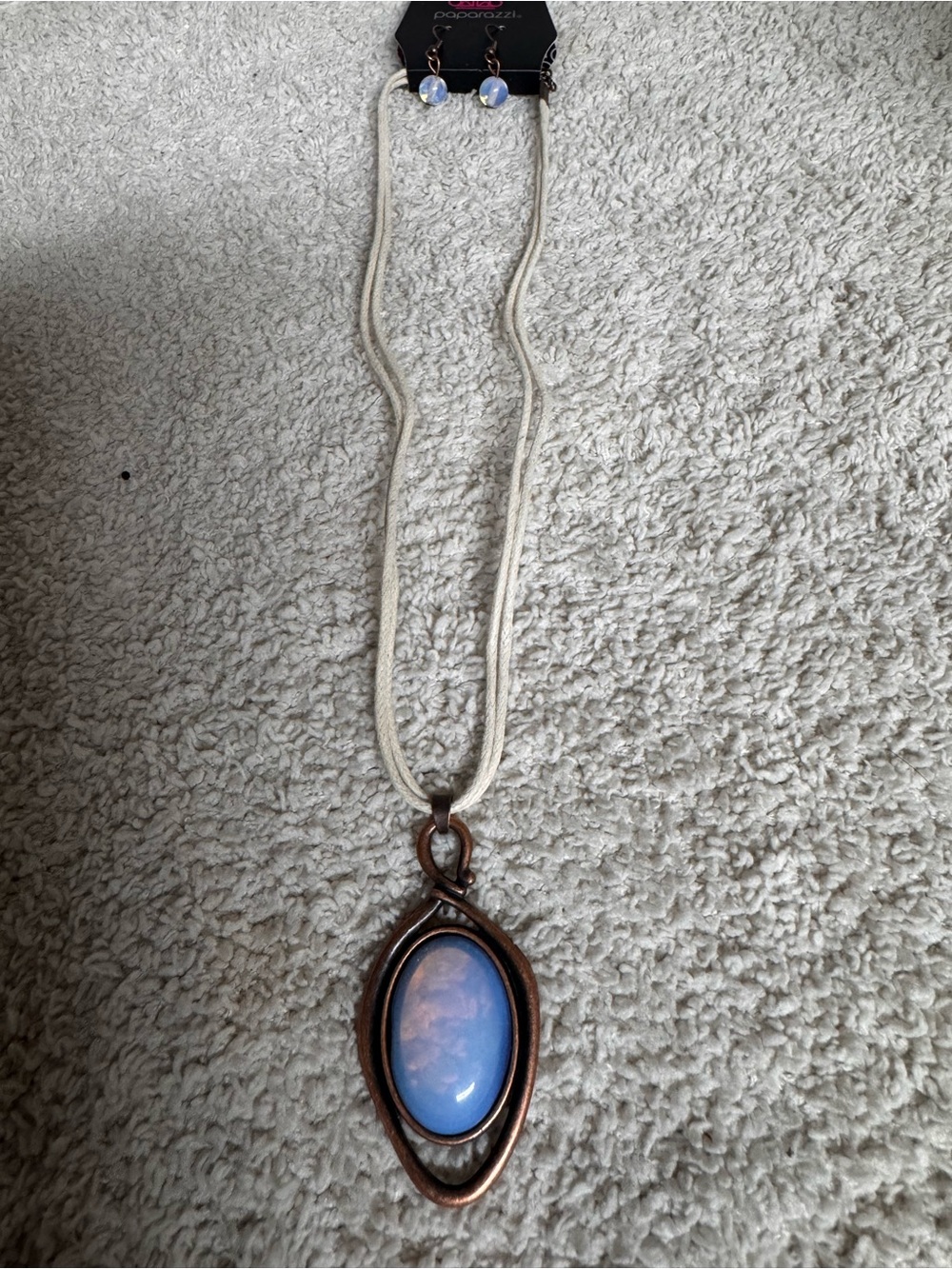 Paparazzi Blue Opal-Style Oval Pendant Necklace with Cream Cord